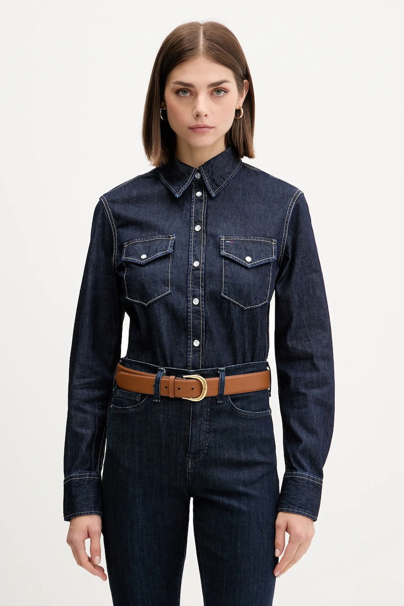 Tommy Jeans cămașă jeans culoarea bleumarin, cu guler clasic, regular, DW0DW21653