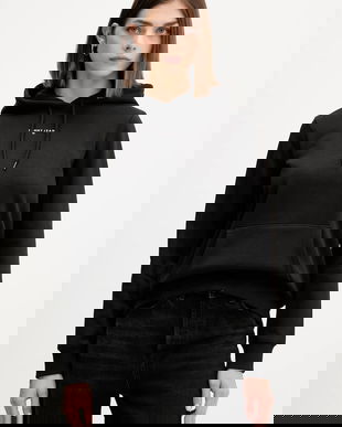 Tommy Jeans bluză culoarea negru, cu glugă, cu imprimeu, DW0DW21963