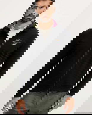 Aeronautica Militare bluză culoarea negru, cu glugă, uni, FE2078UF00662