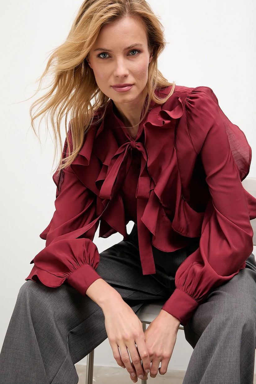 Answear.LAB camasa culoarea bordo, cu un decolteu legat, regular