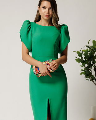 Rochie midi verde din stofa cu croi conic si maneci tip lalea