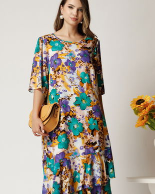 Rochie vaporoasa cu flori turcoaz si mov din viscoza cu croi drep