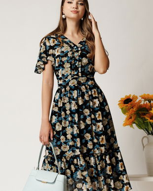 Rochie midi neagra din voal cu imprimeuri florale bej in clos cu volanase