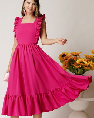 Rochie Lauren midi fucsia din triplu voal cu volane si spatele gol