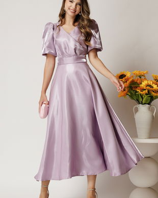 Rochie Belle midi lila din organza in clos cu decolteu petrecut