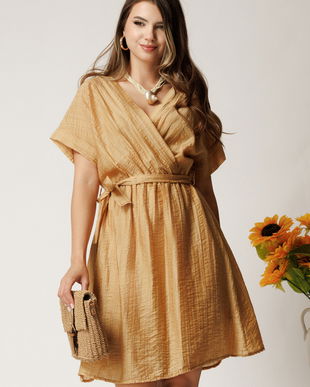 Rochie scurta bej din tencel in clos cu elastic si cordon in talie