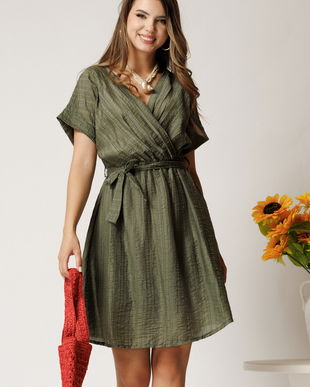 Rochie scurta kaki din tencel in clos cu elastic si cordon in talie
