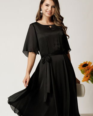 Rochie Celine midi neagra din voal satinat in clos cu cordon in talie