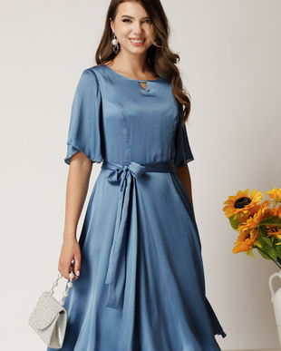 Rochie Celine midi albastra din voal satinat in clos cu cordon in talie