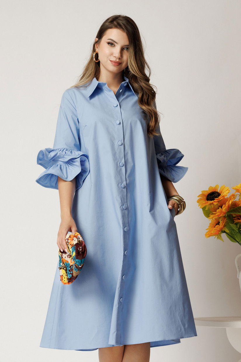 Rochie midi bleu din bumbac tip camasa cu croi A