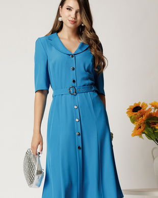 Rochie midi albastru din triplu voal cu nasturi si cordon