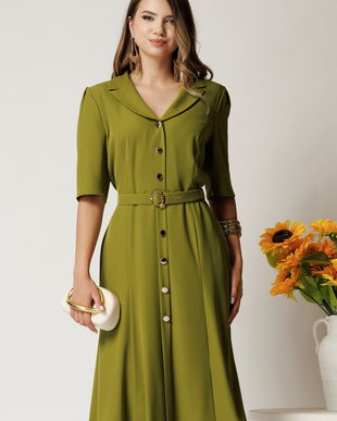 Rochie midi verde din triplu voal cu nasturi si cordon