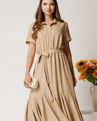 Rochie midi bej din viscoza in clos cu nasturi si cordon