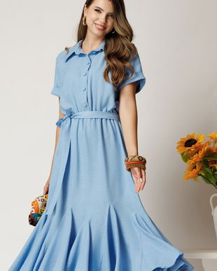 Rochie midi bleu din viscoza in clos cu nasturi si cordon