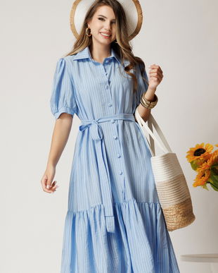 Rochie midi din viscoza bleu cu dungi si cordon in talie tip camasa