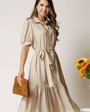 Rochie midi din viscoza bej cu dungi si cordon in talie tip camasa