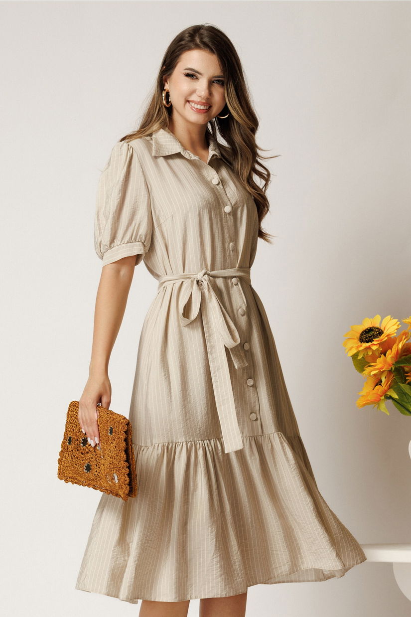 Rochie midi din viscoza bej cu dungi si cordon in talie tip camasa
