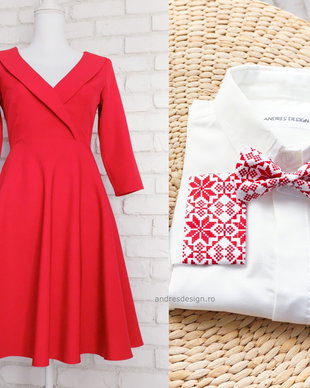 Rochie Mama si Camasi Tata Fiu Rosu cu Motive Romanesti