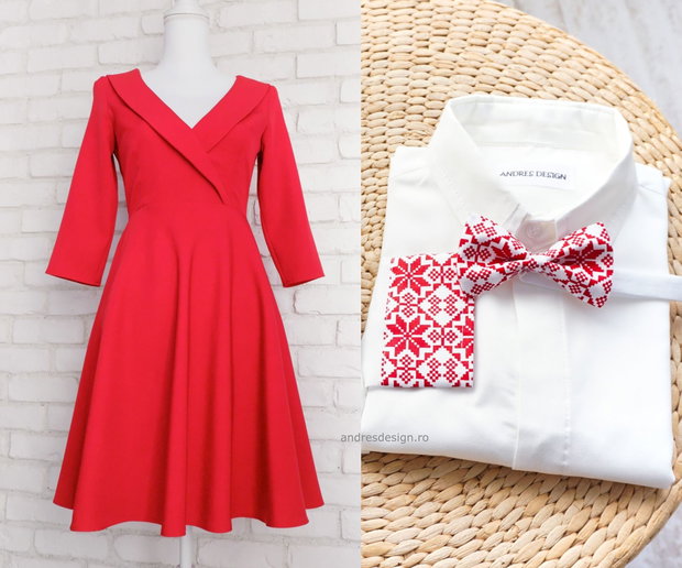 Rochie Mama si Camasi Tata Fiu Rosu cu Motive Romanesti