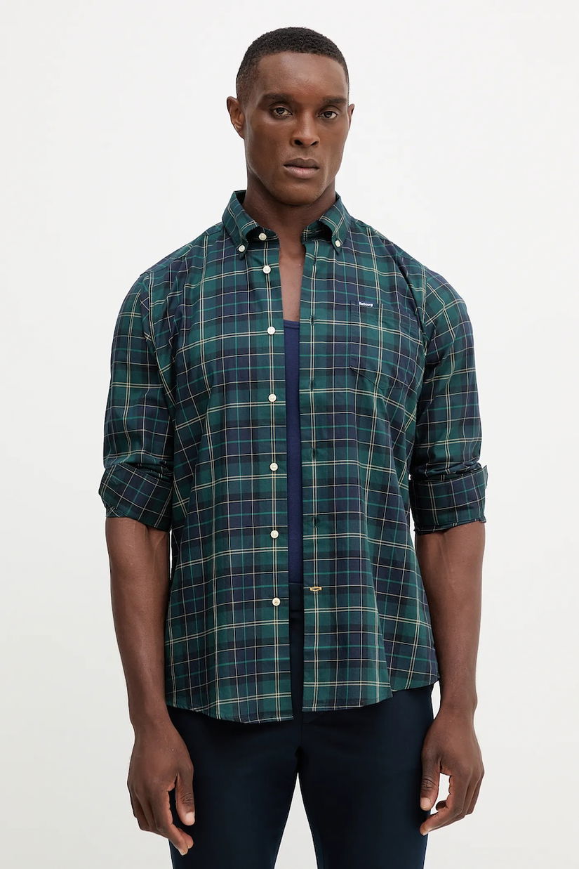 Barbour camasa din bumbac culoarea maro, cu guler button-down, slim