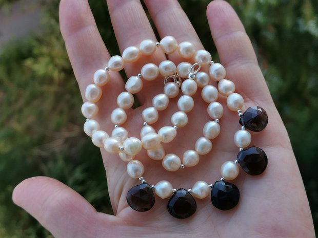 Colier perle de cultura & smoky quartz