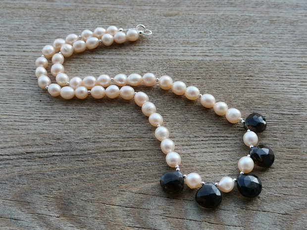 Colier perle de cultura & smoky quartz