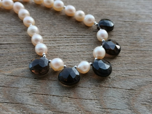 Colier perle de cultura & smoky quartz