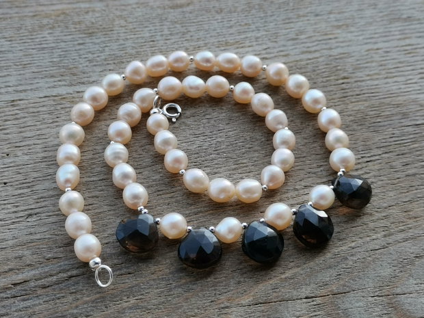 Colier perle de cultura & smoky quartz