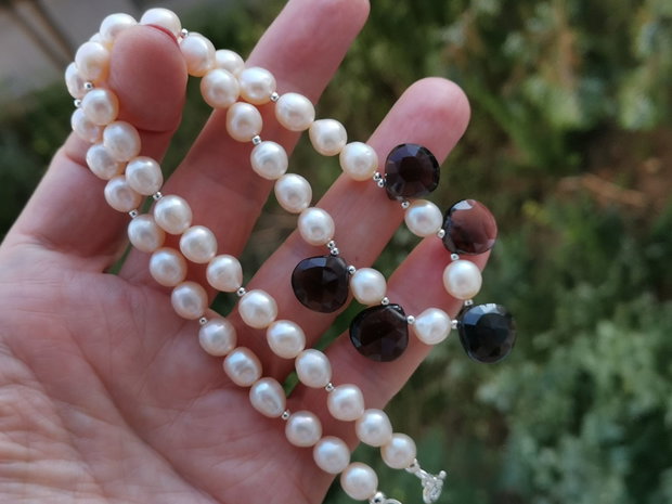 Colier perle de cultura & smoky quartz