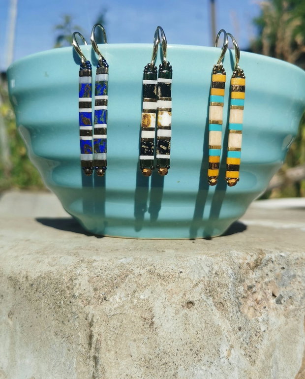 Cercei Tila Turcoaz Mustar si Negru Patinat | Design Minimalist Geometric, tortite placate aur 14k