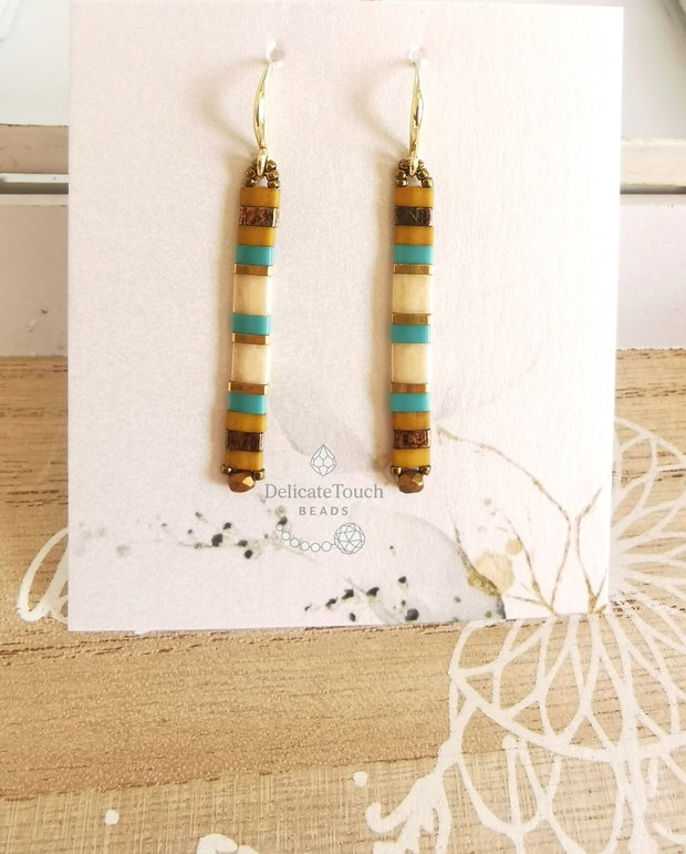 Cercei Tila Turcoaz Mustar si Negru Patinat | Design Minimalist Geometric, tortite placate aur 14k