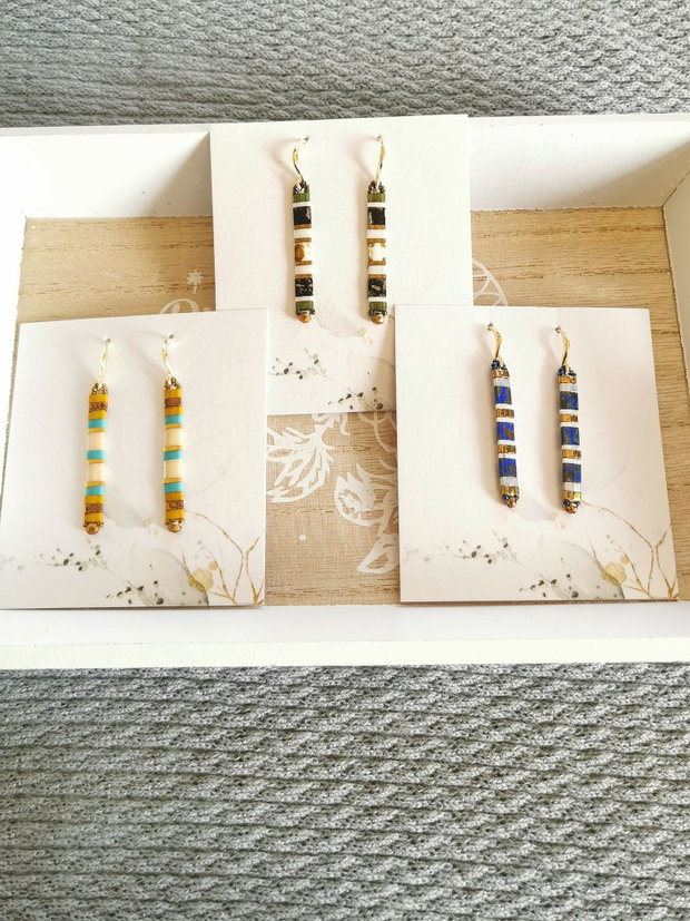 Cercei Tila Turcoaz Mustar si Negru Patinat | Design Minimalist Geometric, tortite placate aur 14k