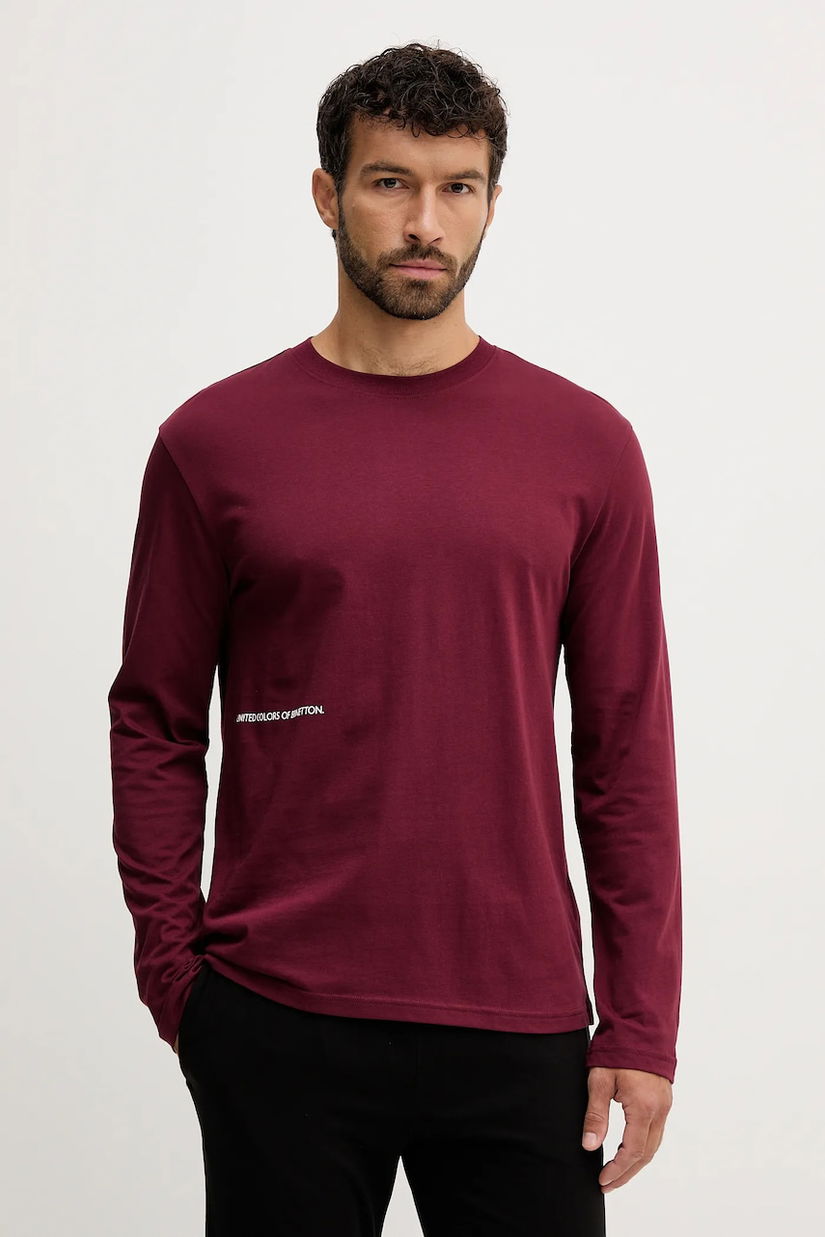 United Colors of Benetton camasa cu maneca lunga din bumbac culoarea bordo, cu imprimeu, 30964M021