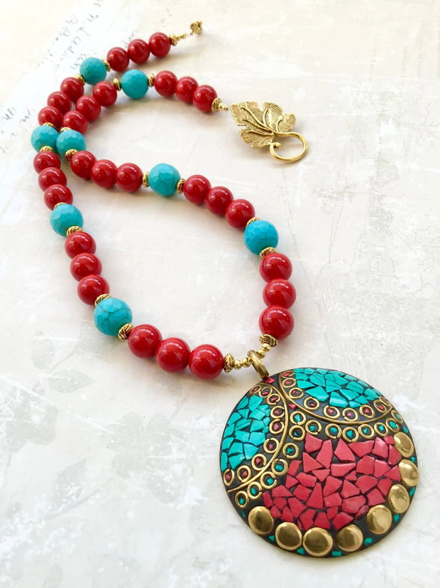 Colier Nepalez coral, turcoaz & Jad rosu