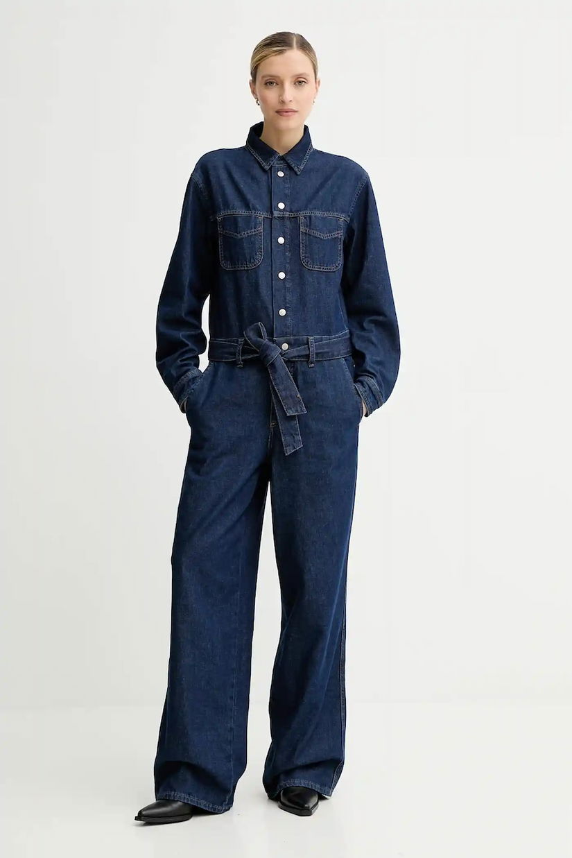 Marc O'Polo salopeta jeans culoarea albastru marin, bumbac, cu guler, 5000006876