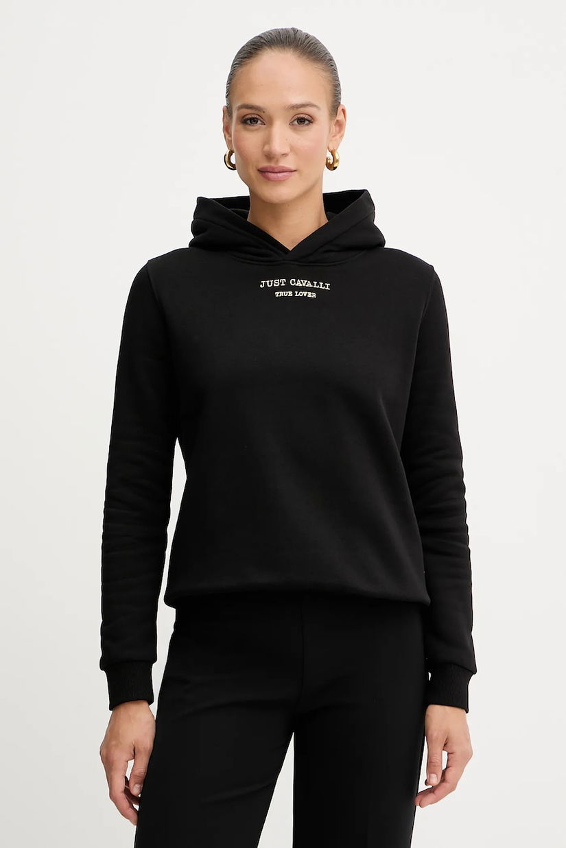 Just Cavalli hanorac de bumbac culoarea negru, cu glugă, cu imprimeu, 79PAIT01 CF502
