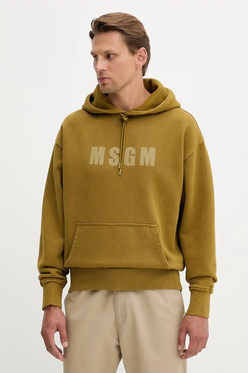 MSGM hanorac de bumbac culoarea verde, cu glugă, cu imprimeu, 3940MM97SE.257586