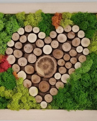 Tablou inima cu licheni naturali si lemn