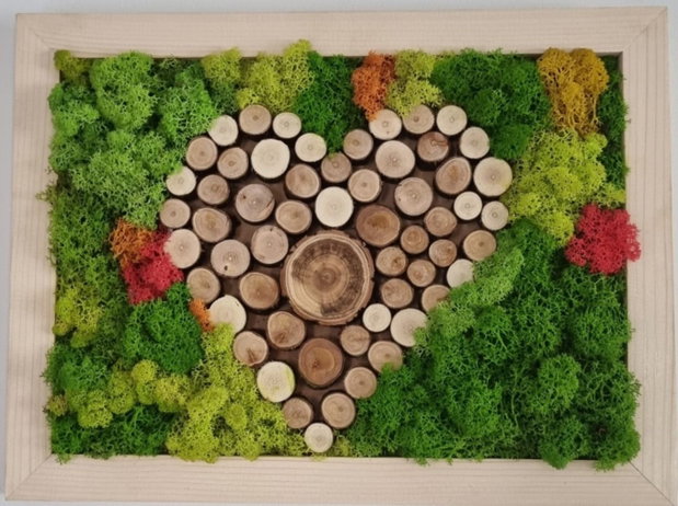 Tablou inima cu licheni naturali si lemn