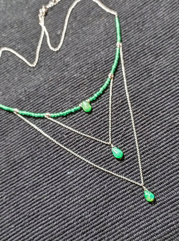 Colier argint opal de foc etiopian verde briolete calcedonie lant argint minimalist boho chic trendy - Transport gratuit