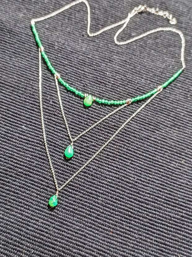 Colier argint opal de foc etiopian verde briolete calcedonie lant argint minimalist boho chic trendy - Transport gratuit