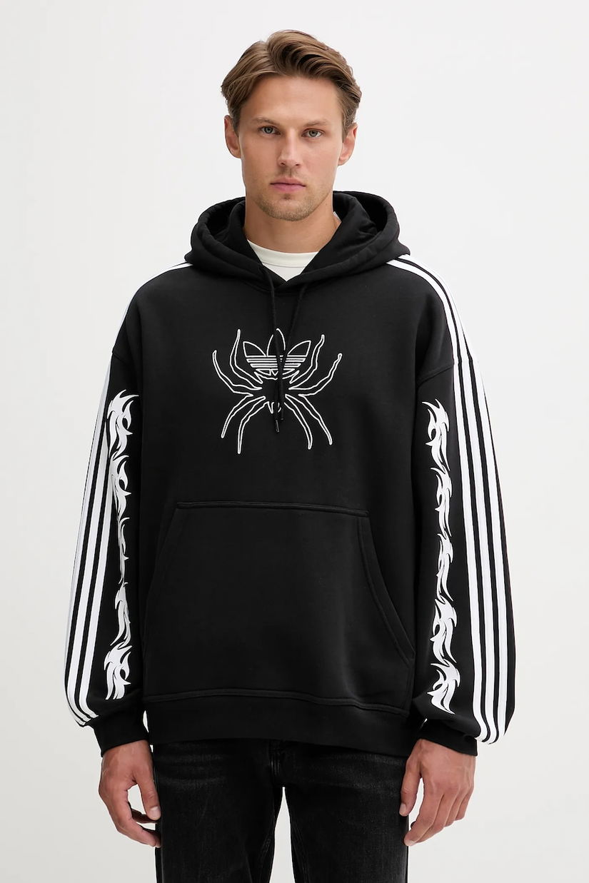 adidas Originals bluză Spiders Loose Hoodie culoarea negru, cu glugă, cu imprimeu, JW0223