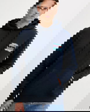 Tommy Jeans hanorac de bumbac culoarea bleumarin, cu glugă, cu imprimeu, DM0DM22077