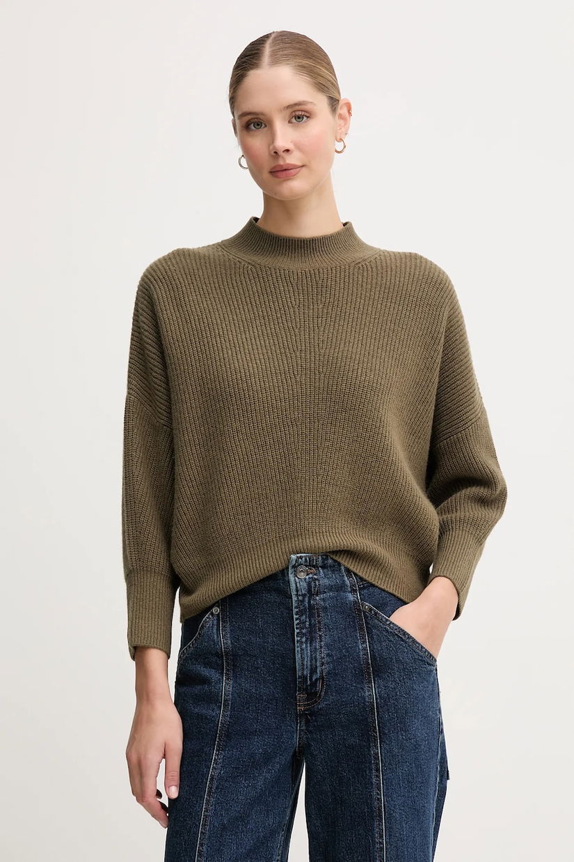 OUI pulover din amestec de lână culoarea verde, cu guler, 94268