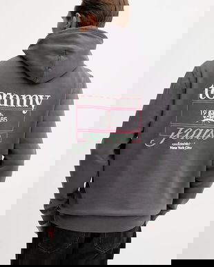 Tommy Jeans bluză culoarea gri, cu glugă, cu imprimeu, DM0DM22085