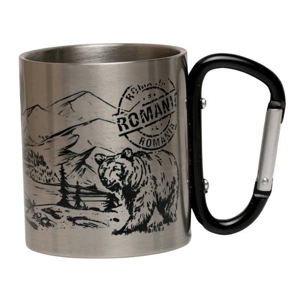 Cana cu carabiniera Mountain Bear, 150 ml, negru, metal, pentru calatorii si drumetii