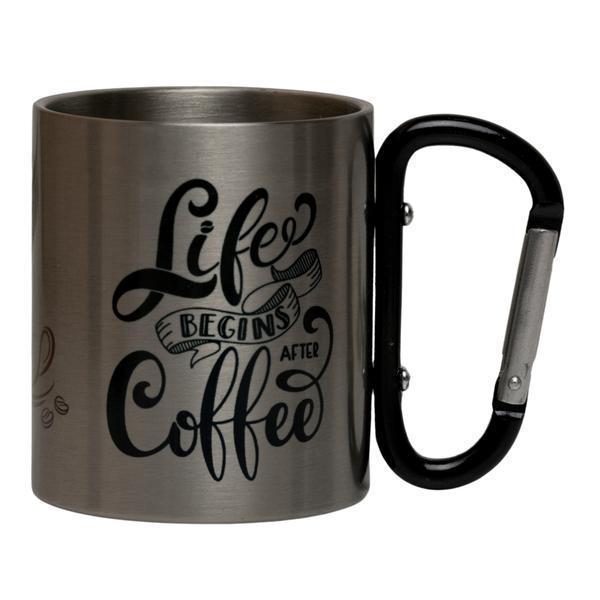 Cana cu carabiniera Life Begins After Coffee, 150 ml, negru, metal, pentru calatorii si drumetii