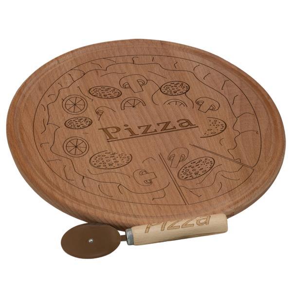 Platou servire Pizza, gravat, cu rola pentru taiat, lemn, 31 cm