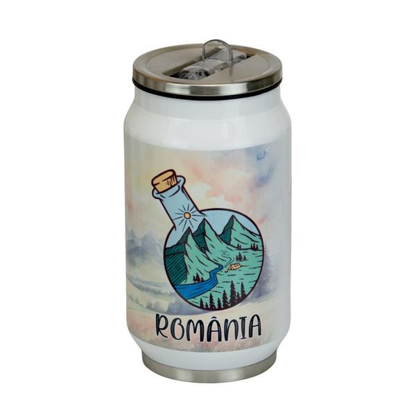 Cana termos Romania Adventure, cu capac si pai integrat in deschidere, 250 ml, otel inoxidabil