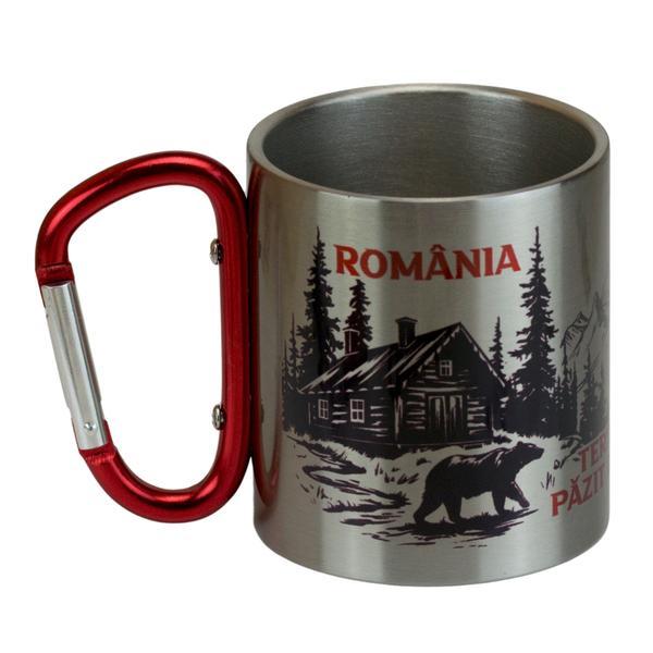 Cana cu carabiniera Romania Bear, 150 ml, negru maner rosu, metal, pentru calatorii si drumetii